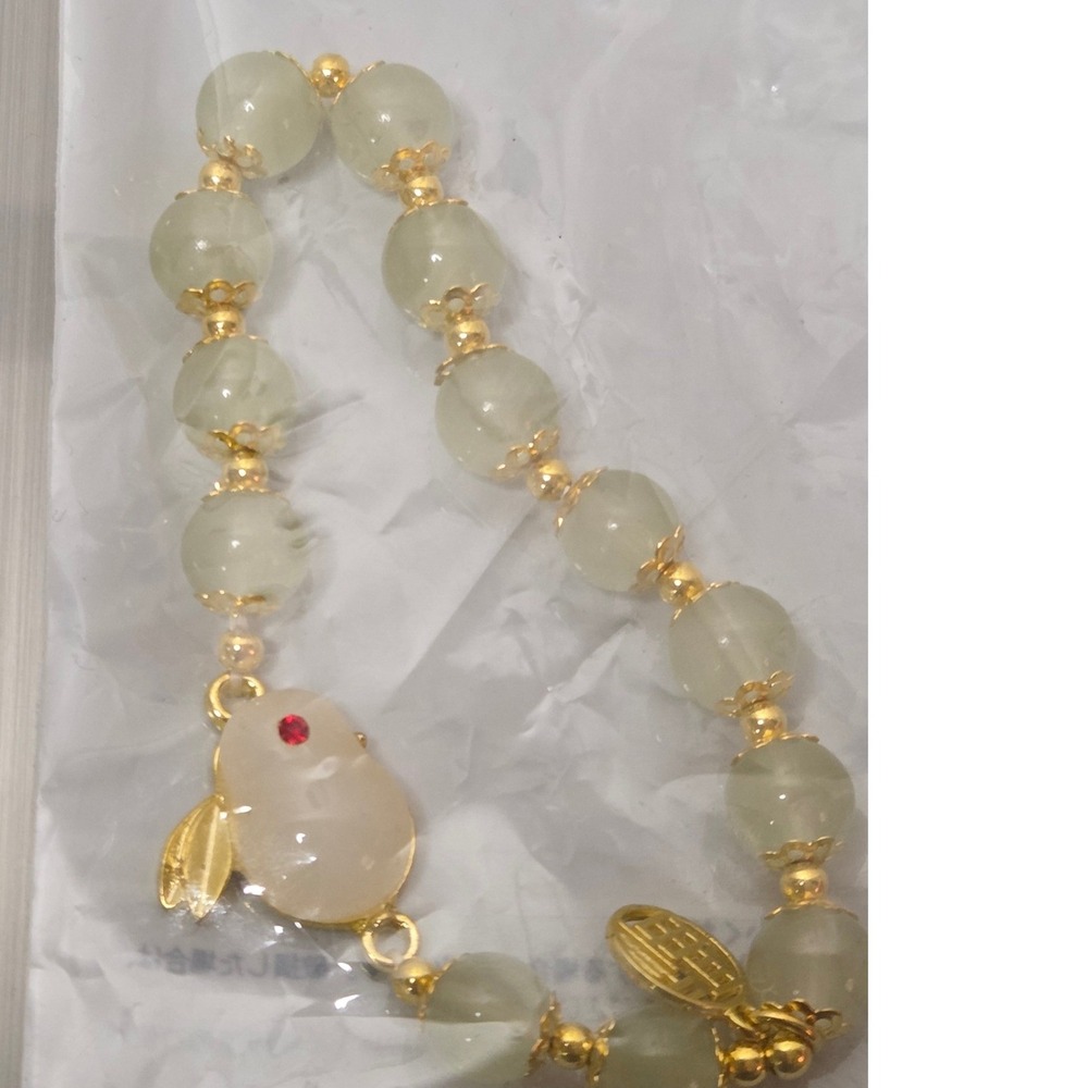Gold Tone Faux Jade Rabbit Beaded Bracelet Red Eye Charm Chinese Zodiac New